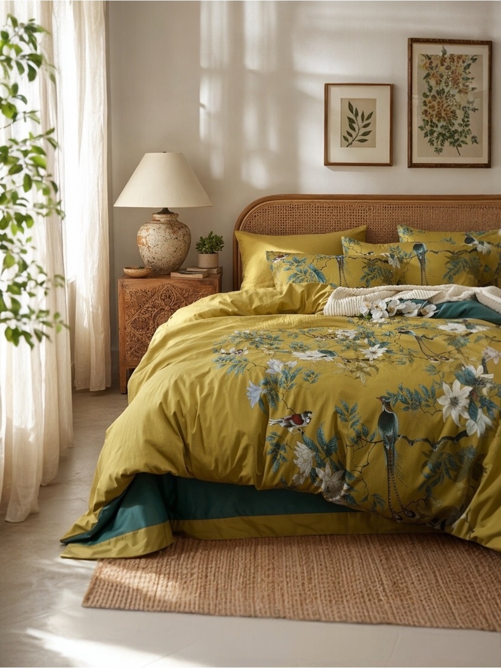 NEW Anthro Yellow Boho King Queen Full Bird Bedding Duvet Floral Sham Case Set